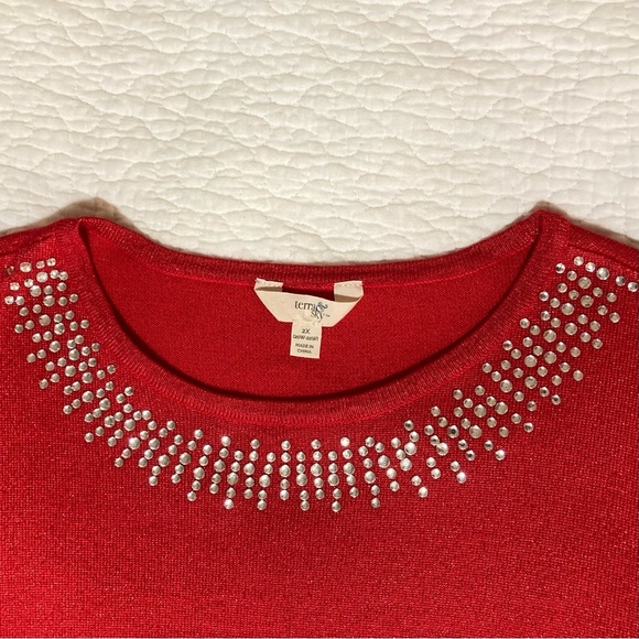 Terra & Sky Red Sparkly Sweater | Size 2X/20-22W | Rhinestone Collar | Holiday - Picture 8 of 15